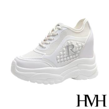 【HMH】休閒鞋 厚底休閒鞋/個性立體鉚釘低塑縷空拼接時尚內增高厚底休閒鞋 銀