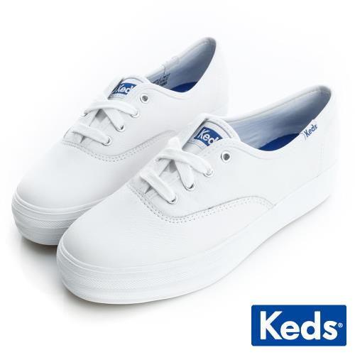 Keds TRIPLE 品牌經典厚底皮革綁帶休閒鞋-白