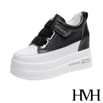 【HMH】休閒鞋 厚底休閒鞋/時尚復古美腳版型彈力魔鬼粘造型內增高厚底休閒鞋 黑