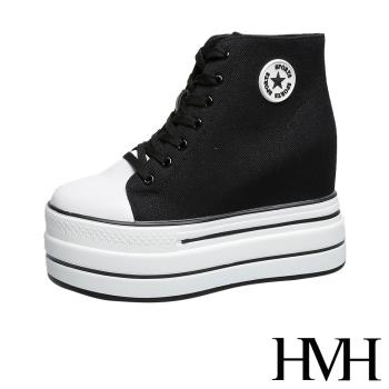 【HMH】帆布鞋 厚底帆布鞋/潮流經典復古百搭高筒厚底內增高個性帆布鞋 黑