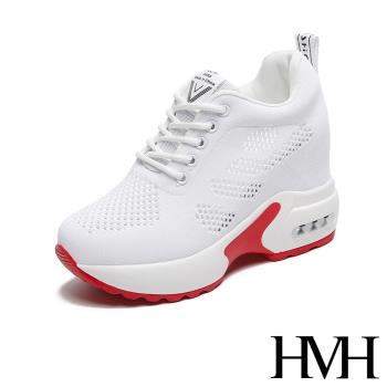 【HMH】休閒鞋 厚底休閒鞋/彈力舒適縷空飛織綁帶造型厚底內增高氣墊休閒鞋 白