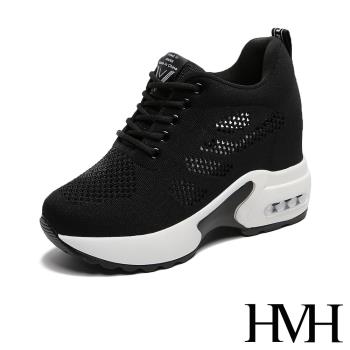 【HMH】休閒鞋 厚底休閒鞋/彈力舒適縷空飛織綁帶造型厚底內增高氣墊休閒鞋 黑