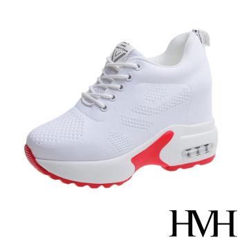 【HMH】休閒鞋 厚底休閒鞋/舒適透氣飛織英文印字織帶拼接氣墊內增高厚底休閒鞋 白紅