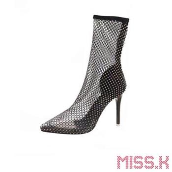 【MISS.K】短靴 高跟短靴/性感尖頭水鑽網紗高跟短靴 黑