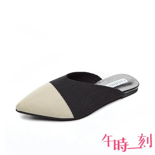 【午時一刻】穆勒鞋 低跟拖鞋/尖頭撞色飛織V口復古低跟包頭拖鞋 穆勒鞋 白