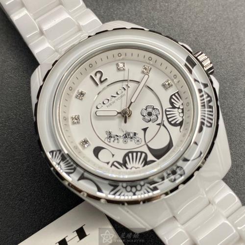 COACH 蔻馳女錶 34mm 白圓形陶瓷錶殼 白色中三針顯示, 鑽刻度花瓣錶面款 CH00109