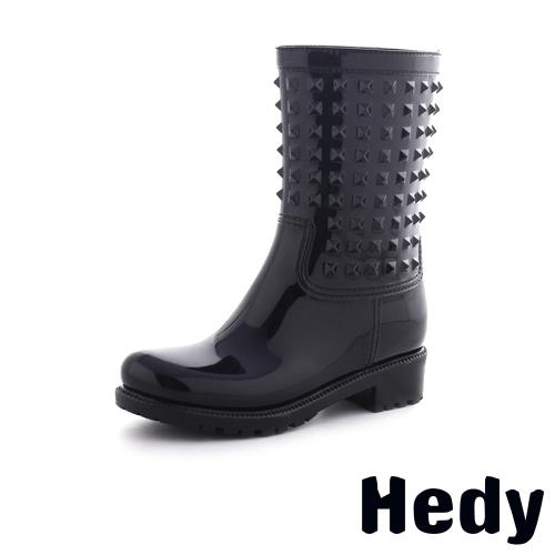 【hedy】雨靴 中筒雨靴/時尚立體龐克鉚釘造型百搭中筒雨靴 黑