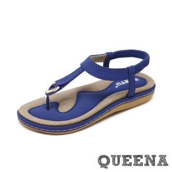 【queena】涼鞋 羅馬涼鞋/時尚金屬釦T字簡約舒適厚底羅馬涼鞋 藍