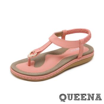 【queena】涼鞋 羅馬涼鞋/時尚金屬釦T字簡約舒適厚底羅馬涼鞋 粉