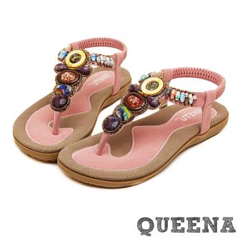 【queena】涼鞋 羅馬涼鞋/繽紛寶石時尚民族風串珠T字羅馬涼鞋 粉