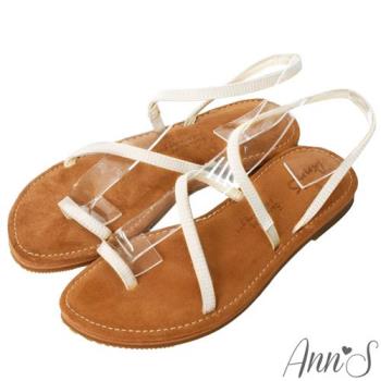 Ann’S水洗牛皮-時髦蛇紋顯瘦曲線寬版平底涼鞋-白