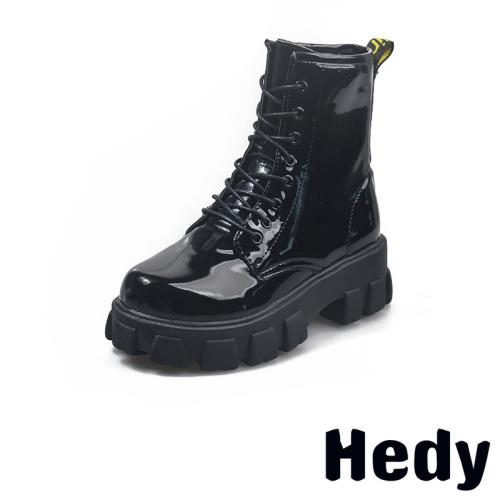 【hedy】馬丁靴 粗跟馬丁靴個性帥氣鬆糕厚底粗跟八孔馬丁靴 漆皮黑