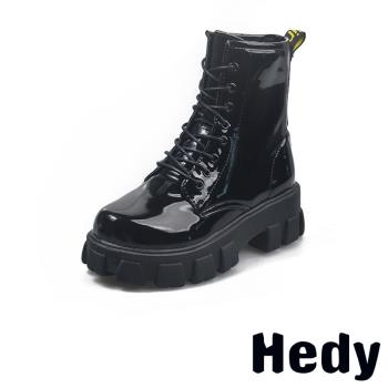 【hedy】馬丁靴 粗跟馬丁靴/個性帥氣鬆糕厚底粗跟八孔馬丁靴 漆皮黑