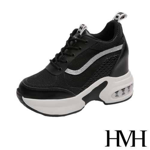 【HMH】休閒鞋 厚底休閒鞋/時尚立體滴塑金蔥線條氣墊厚底狀色內增高休閒鞋 黑