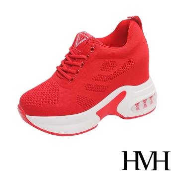 【HMH】休閒鞋 厚底休閒鞋/透氣飛織網布造型百搭氣墊厚底內增高休閒鞋 紅