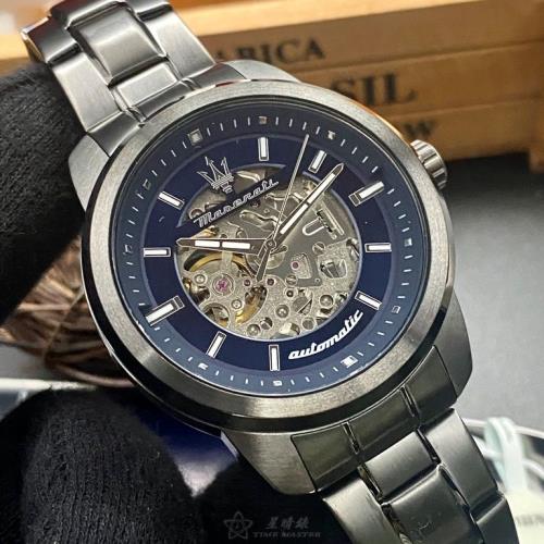 MASERATI 瑪莎拉蒂男錶 44mm 黑圓形精鋼錶殼 寶藍色鏤空, 中三針顯示, 運動錶面款 R9823121001