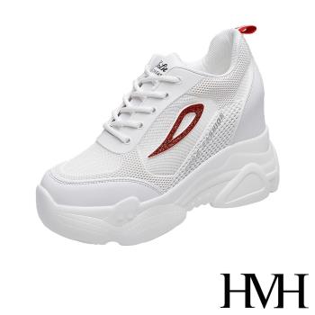 【HMH】休閒鞋 厚底休閒鞋/立體網面滴塑金蔥圖樣拼接厚底內增高時尚休閒鞋 紅