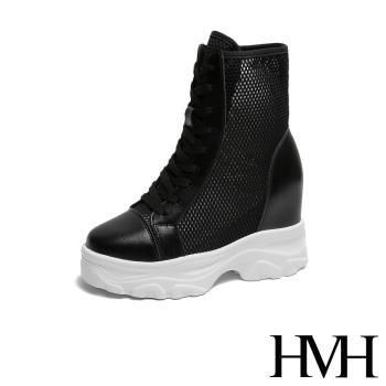 【HMH】休閒鞋 厚底休閒鞋/透氣時尚網布拼接個性厚底內增高休閒造型短靴 黑