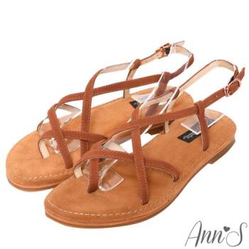 Ann’S水洗牛皮-美式女孩夾腳寬版平底涼鞋-棕