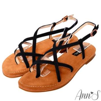 Ann’S水洗牛皮-美式女孩夾腳寬版平底涼鞋-黑