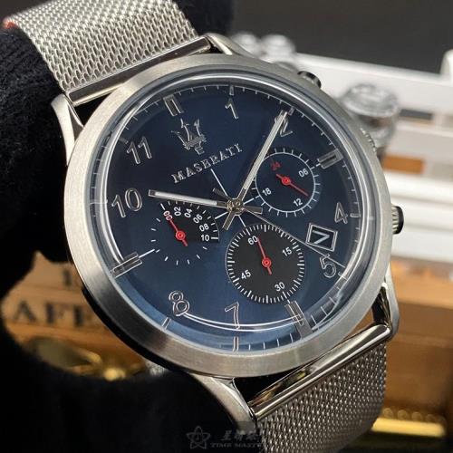 MASERATI 瑪莎拉蒂男錶 42mm 銀圓形精鋼錶殼 寶藍色三眼中三針顯示運動座標軸設計錶面款 R8873625003