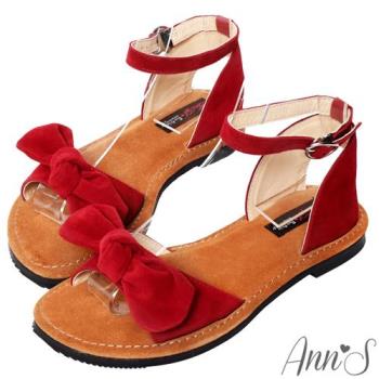 Ann’S水洗牛皮-甜美扭結寬版平底涼鞋-紅