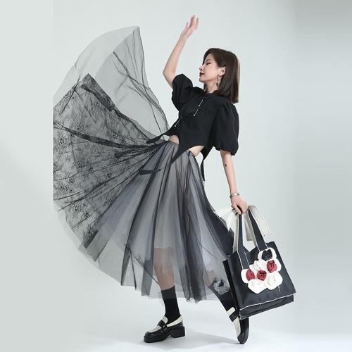 CLORI-玩美衣櫃澎澎多層次黑白蕾絲網紗裙S-L
