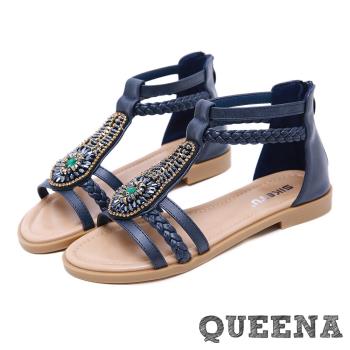 【QUEENA】涼鞋 羅馬涼鞋/波希米亞風個性串珠縷空線條拼接低跟羅馬涼鞋 藍