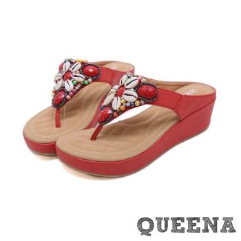 【QUEENA】拖鞋 坡跟拖鞋/時尚波希米亞貝殼串珠飾面人字厚底坡跟拖鞋 紅