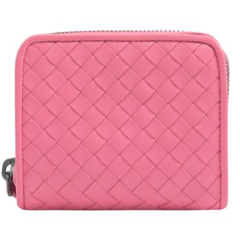 BOTTEGA VENETA 624048 編織小牛皮ㄇ字拉鍊短夾.桃粉
