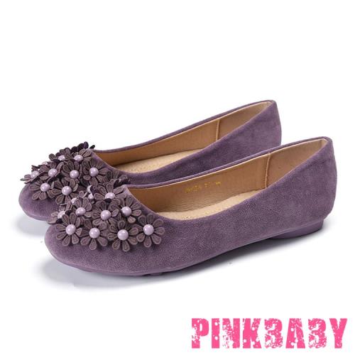 【PINKBABY】豆豆鞋 平底鞋/可愛圓頭甜美小花造型舒適平底豆豆鞋 紫