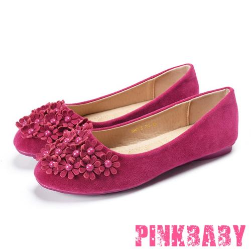 【PINKBABY】豆豆鞋 平底鞋/可愛圓頭甜美小花造型舒適平底豆豆鞋 玫紅