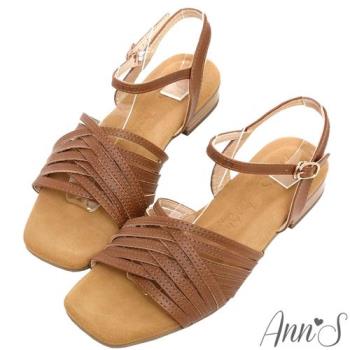 Ann’S水洗牛皮-編織繫帶木紋跟方頭涼鞋-棕