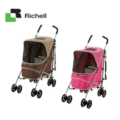 日本Richell利其爾-摺疊寵物推車附背袋(粉色/棕色)