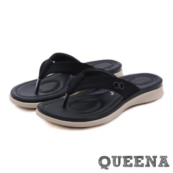 【QUEENA】拖鞋 人字拖鞋/舒適機能軟Q厚底經典人字拖鞋 黑