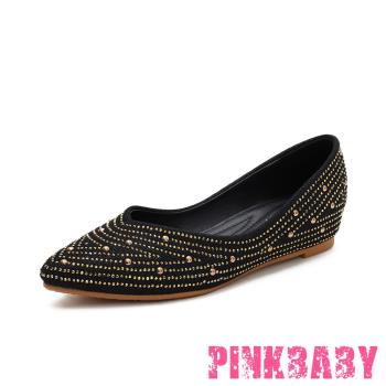 【PINKBABY】低跟鞋 尖頭低跟鞋/個性鉚釘線條裝飾尖頭軟底內增高低跟單鞋黑