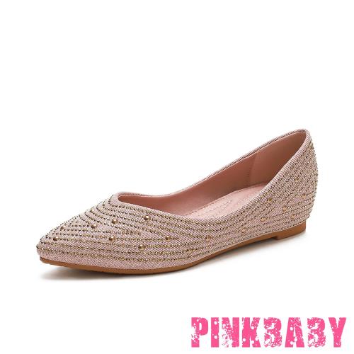 【PINKBABY】低跟鞋 尖頭低跟鞋個性鉚釘線條裝飾尖頭軟底內增高低跟單鞋 粉