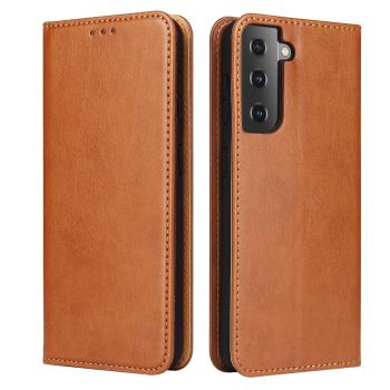 Fierre Shann 真皮紋Samsung S21 FE 5G (6.4吋)錢包支架款 磁吸側掀 手工PU皮套保護殼