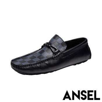 【ANSEL】樂福鞋 休閒樂福鞋/真皮頭層牛皮經典撞色格子舒適休閒樂福鞋 黑