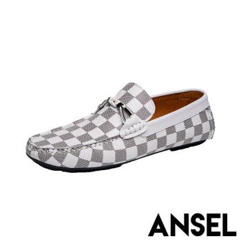 【ANSEL】樂福鞋 休閒樂福鞋/真皮頭層牛皮經典撞色格子舒適休閒樂福鞋 白