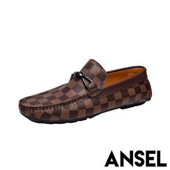 【ANSEL】樂福鞋 休閒樂福鞋/真皮頭層牛皮經典撞色格子舒適休閒樂福鞋 棕