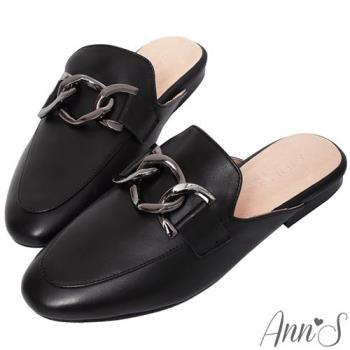 Ann’S個性立體粗鍊質感真小羊皮穆勒鞋-黑(版型偏小)