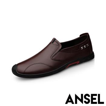 【ANSEL】懶人鞋 休閒懶人鞋/真皮頭層牛皮撞色織帶鉚釘造型休閒懶人鞋 -男鞋 棕