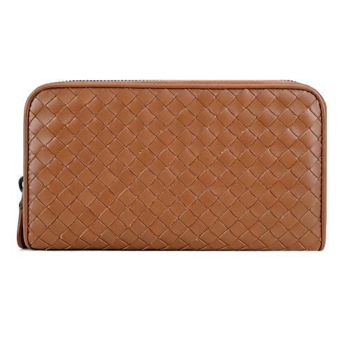  BOTTEGA VENETA 經典編織小牛皮對拉鍊長夾(深駝色)