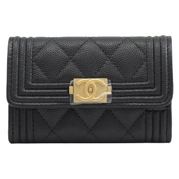 CHANEL A80603 BOY 復古金扣粒紋牛皮扣式零錢包.黑