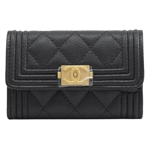 CHANEL A80603 BOY 復古金扣粒紋牛皮扣式零錢包.黑