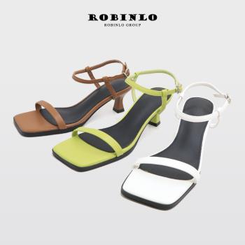Robinlo法式氣質一字帶方頭中跟涼鞋COMPTON-棕色/綠色/米白色