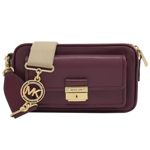 MICHAEL KORS BRADSHAW 素面皮革斜背包.酒紅