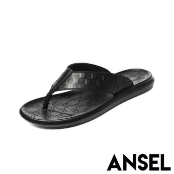 【ANSEL】拖鞋 人字拖鞋/真皮頭層牛皮方格壓花人字拖鞋-男鞋 黑