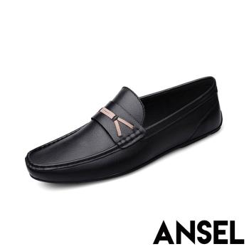 【ANSEL】樂福鞋 平底樂福鞋/真皮頭層牛皮經典百搭一字造型平底樂福鞋 -男鞋 黑